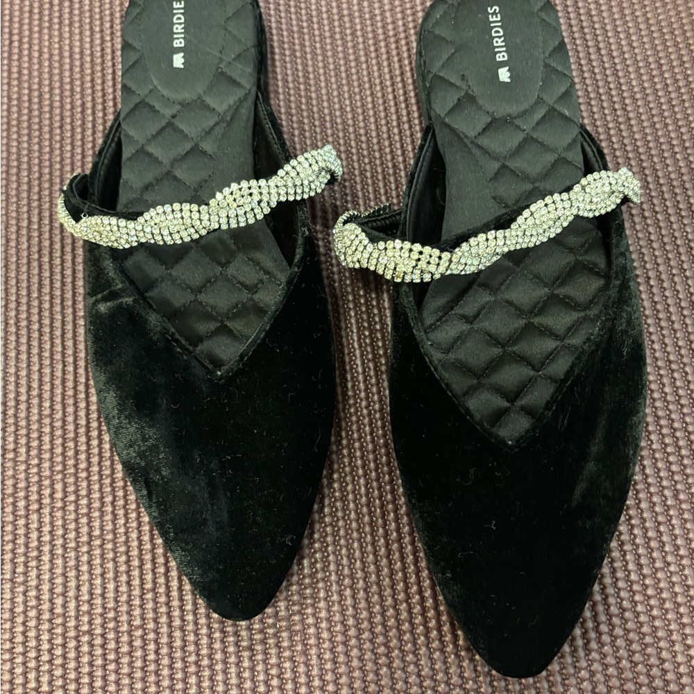 Birdies Black Velvet Pointed Mules with Rhinestone Strap